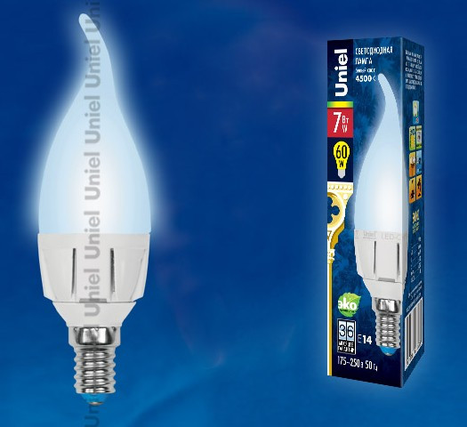 Лампа светодиодная UNIEL (UL-00002415) LED-CW37 7W/NW/E14 свеча на ветру Белый свет