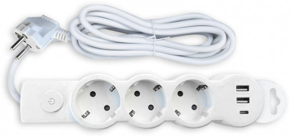 Удлигитель СПУТНИК Mi303USB 2.1A 3роз*3м белый