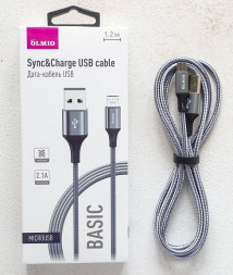 интерфейсный кабель OLMIO BASIC, USB 2.0 - microUSB, 1.2м, 2.1A, серый (041645)