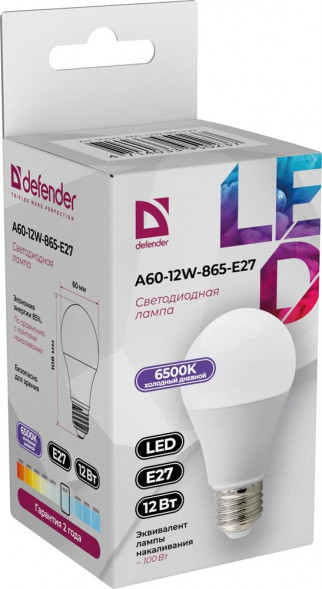 Лампочка DEFENDER (95023) A60-12W-865-E27 груша, холодный дневной, 1 шт
