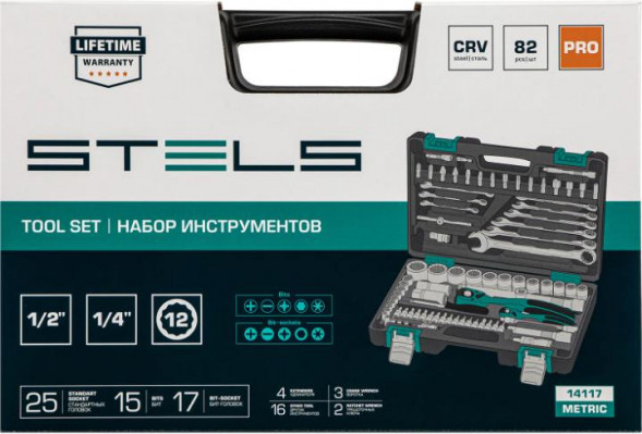Набор инструментов STELS Набор инструментов 1/2 , 1/4 , CrV, 12 гранные головки, пластиковый кейс, 82 предмета 14117