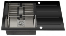Мойка врезная FRANK PROFI 9503 Мойка врезная 78х50 см универсальная (левая+правая), ЧЁРНОЕ СТЕКЛО+нерж.сталь 201, толщ.стекла 8мм, глуб. 200мм+больш. КВАДРАТНЫЙ сиф