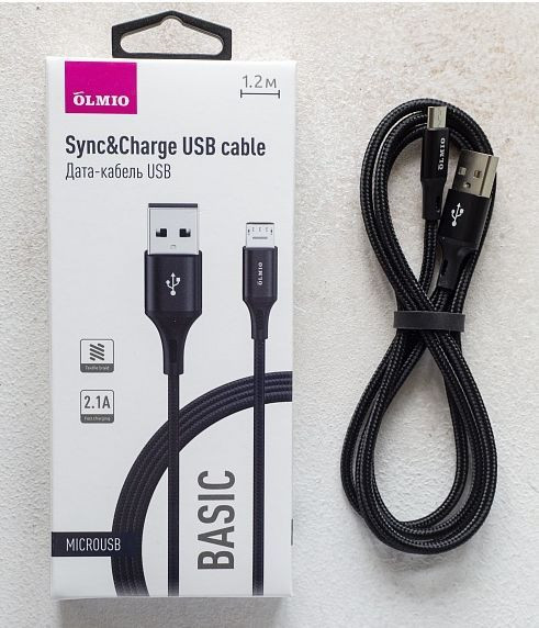 интерфейсный кабель OLMIO BASIC, USB 2.0 - microUSB, 1.2м, 2.1A, черный (041643)