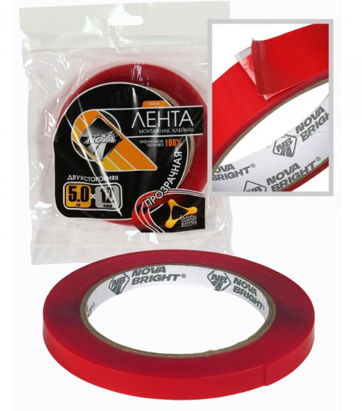 Скотч NOVA BRIGHT-FUSION двухсторонний красный + прозрачный (акриловая основа), 12 мм х 5м 46668