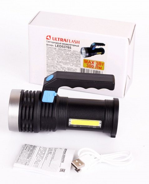 Cветодиодный фонарь ULTRAFLASH LED53765 (фонарь акк 4В, черн., 2LED, 3 Вт, 4 реж, USB, бокс са)