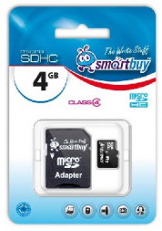 Карта памяти SMARTBUY (SB4GBSDCL4-01) MicroSDHC 4GB Class4 + адаптер