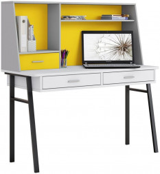 Детская мебель POLINI Стол письменный kids Aviv 1455 с надстройкой и ящиками белый/серый-желтый (4 кор.)