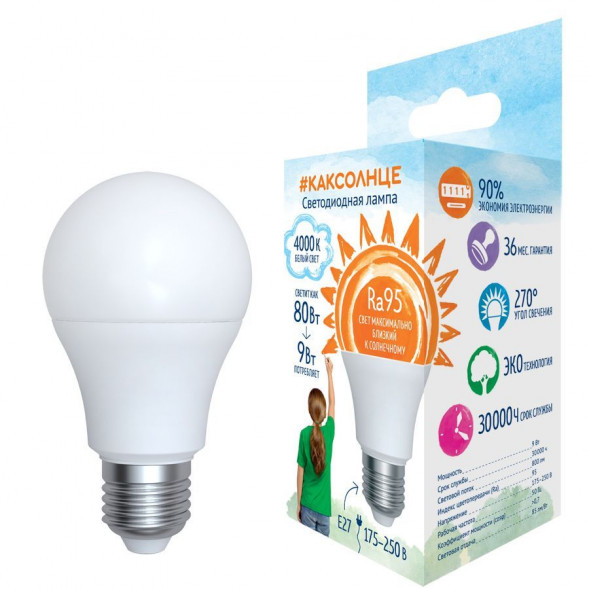 Лампа светодиодная UNIEL (UL-00006504) LED-A60-9W/4000K/E27/FR/RA95