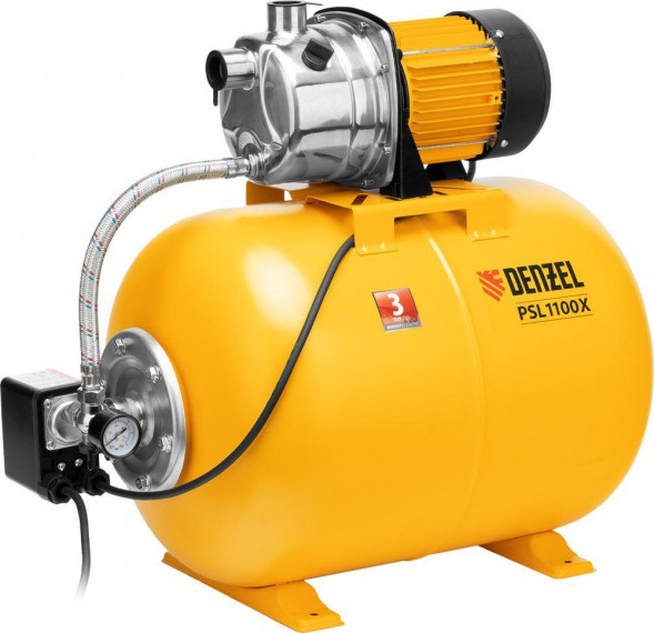 Насосная станция DENZEL Насосная станция PSL1100X, 1100 Вт, 3600 л/ч, ресивер 50 л, напор 45 м, нержавейка 97311