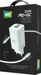 СЗУ MORE CHOICE (4620202555779) NC85i 1USB+1Type-C 3.0A PD 20W+QC3.0 для Lightning 8-pin Type-C White