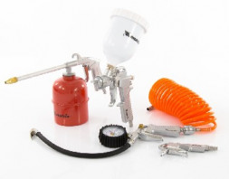 Наборы пневмоинструмента MATRIX Набор пневмоинструмента, 5 предметов, быстросъемное соед., краскорасп. с верхним бачком 57304