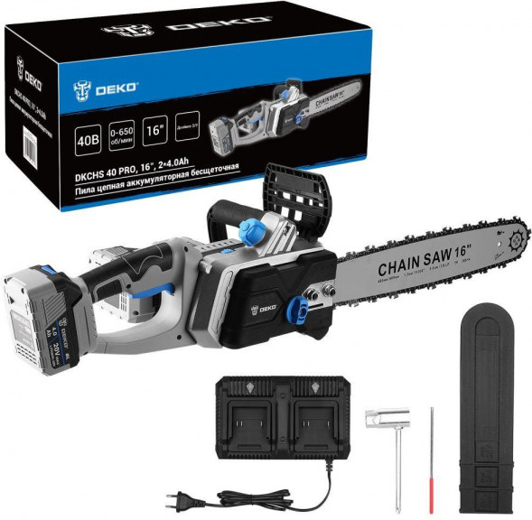Пила цепная аккумуляторная DEKO DKCHS 40 PRO, 16&quot;, 2х20В, 2x4.0Ач, двойное з/у 083-2002