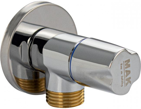 Кран MAK 1391 Кран металлокерамика угловой 1/2&quot;х1/2&quot;, круглая ручка, с декоративной чашкой, латунный, в блистере, цвет ХРОМ
