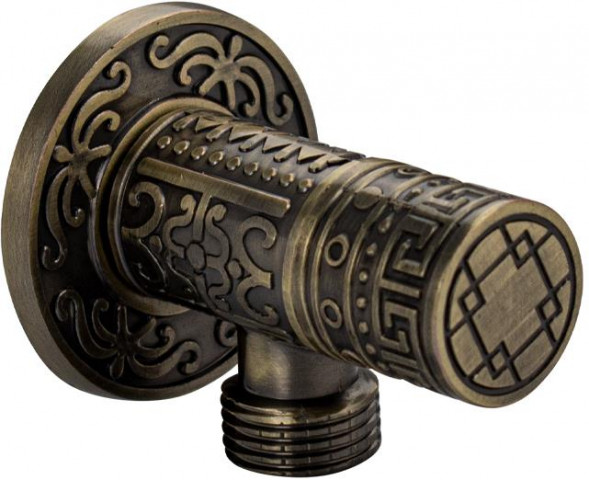 Кран MAK 1393 Кран металлокерамика угловой 1/2&quot;х1/2&quot;, круглая ручка, с декоративной чашкой, с орнаментом, цвет БРОНЗА