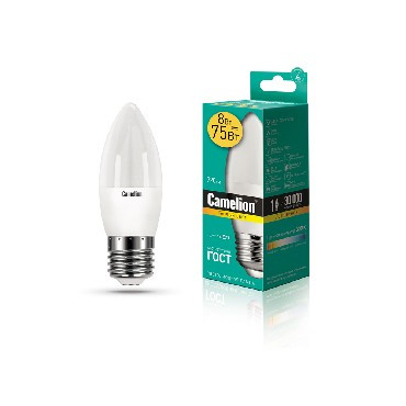 Лампа свтодиодная CAMELION (12389) LED8-C35/830/E27/8ВТ/3000К