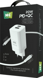 СЗУ MORE CHOICE (4620202555793) NC85a 1USB+1Type-C 3.0A PD 20W+QC3.0 Type-C Type-C White