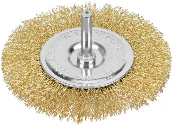 Щетка MATRIX Щетка для дрели 100 мм, плоская со шпилькой, латунированная витая проволока// MATRIX Щетка для дрели 100 мм, плоская со шпилькой, латунированная витая проволока//