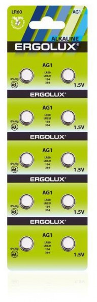 Элементы питания ERGOLUX (14312) AG 1 BL-10 (AG1-BP10, LR60 /LR621 /164 /364 батарейка для часов)