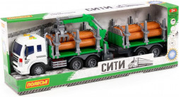 Игрушка ПОЛЕСЬЕ Сити , автомобиль-лесовоз с прицепом инерционный (со светом и звуком) (зелёный) (в коробке) 96081