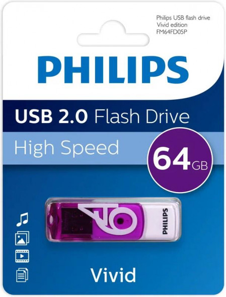 Флешка PHILIPS 64Gb VIVID2.0 Белый/Фиолетовый (FM64FD05P/97)