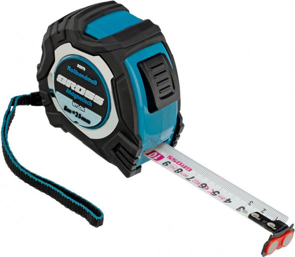 Рулетка GROSS Рулетка Magnetisch 8 м х 25 мм,обрезиненный корпус,автоматическая фиксация,Нейлоновое покрытиеытие,зацеп с магнитом 32573