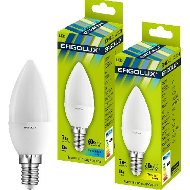 Лампочка светодиодная ERGOLUX LED-C35-7W-E14-3K (Эл.лампа светодиодная Свеча 7Вт E14 3000K 172-265В)