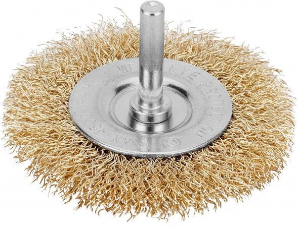 Щетка MATRIX Щетка для дрели, 60 мм, плоская со шпилькой, латунированная витая проволока// MATRIX Щетка для дрели, 60 мм, плоская со шпилькой, латунированная витая проволока//