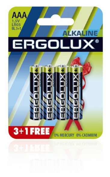 Элементы питания ERGOLUX (12865) Alkaline LR03 BL 3+1(FREE) (LR03 BL3+1, батарейка,1.5В)
