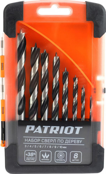 Набор сверел PATRIOT 815010103 по дереву спиральные W-образная заточка 3, 4, 5, 6, 7, 8, 9, 10 мм Набор сверел