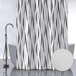 Штора для ванной САНАКС 05-07 Штора с рельефным теснением, принт ЛЕНТЫ на БЕЛОМ ФОНЕ, в ванную комнату, без колец, полиэстер/микрофибра, 180х180 см