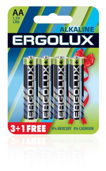 Элементы питания ERGOLUX (12866) Alkaline LR6 BL 3+1(FREE) (LR6 BL3+1, батарейка,1.5В)