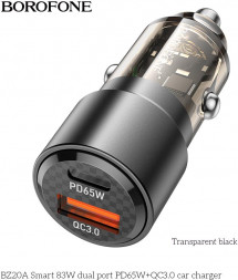 СЗУ BOROFONE (6941991101625) BZ20A 1USB+1Type-C 3.0A 83W PD65W+QC3.0 Transparent Black