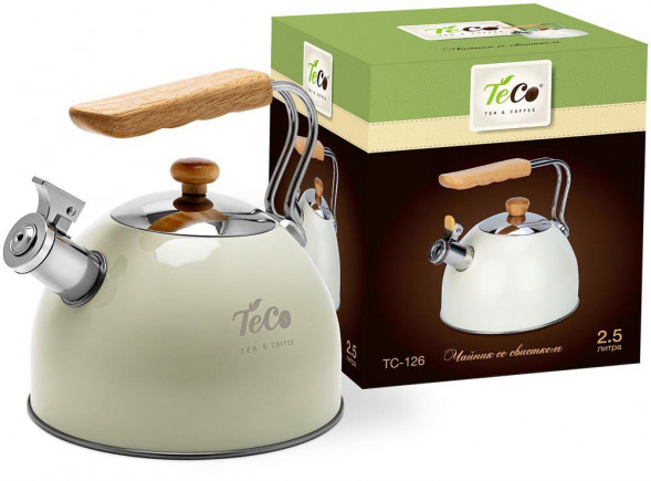 Чайник TECO TC-126 бежевый с деревянной ручкой, со свистком 2,5л