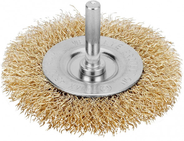 Щетка MATRIX Щетка для дрели, 75 мм, плоская со шпилькой, латунированная витая проволока// MATRIX Щетка для дрели, 75 мм, плоская со шпилькой, латунированная витая проволока//