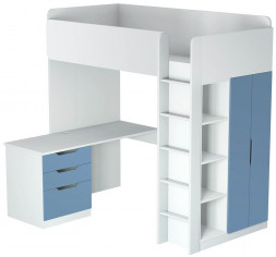 Кровать-чердак POLINI Кровать-чердак Polini kids Simple с письменным столом и шкафом, белый-синий (8кор)