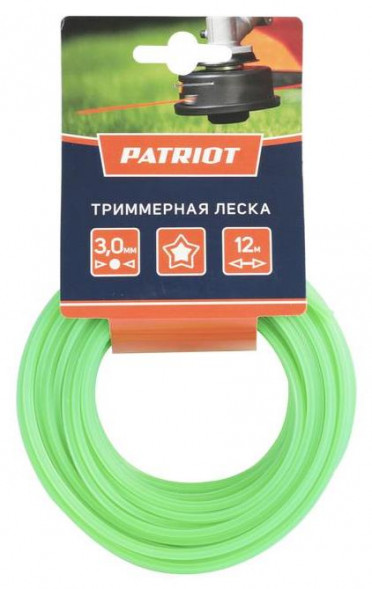 Леска PATRIOT 805205123 Леска D 3,0 мм L 12 м (звезда, зеленая) 300-12-3, картонный подвес