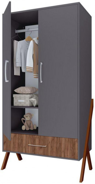 Мебель для новорожденных POLINI Шкаф двухсекционный kids Porto 3100 с 1 ящиком графит-дуб крафт (1 кор.)