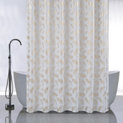 Штора для ванной САНАКС 01-106 Штора с рисунком, золотые перья на белом, в ванную комнату, без колец - полиэстэр, 180 х 180 см