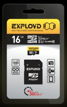 Карта памяти EXPLOYD MicroSDHC 16GB Class10 UHS-1 + адаптер SD (30 MB/s)