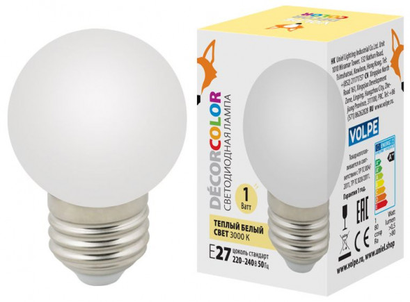 ЭЛЕКТРИКА VOLPE LED-G45-1W/3000K/E27/FR/С