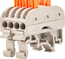 Клемма REXANT (07-5237-04) Клемма СМК 222-424D проходная 4-полюсная, с креплением на DIN-рейку (0,08-4 мм ), серая (4 шт./уп.)