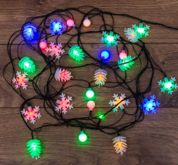 Гирлянда NEON-NIGHT (303-064) Гирлянда (ШАРИКИ, СНЕЖИНКИ, ЕЛОЧКИ) 30LED мульти, 4,4М с контролером