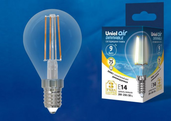 Лампочки светодиодные UNIEL (UL-00005191) LED-G45-9W/3000K/E14/CL/DIM GLA01TR