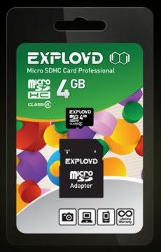 Карта памяти EXPLOYD MicroSDHC 4GB Class4 + адаптер SD