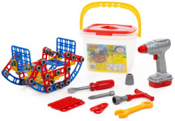 Игрушка ПОЛЕСЬЕ Конструктор Изобретатель - Качели №2 (122 элемента) + шуруповёрт (в ведёрке) 58102
