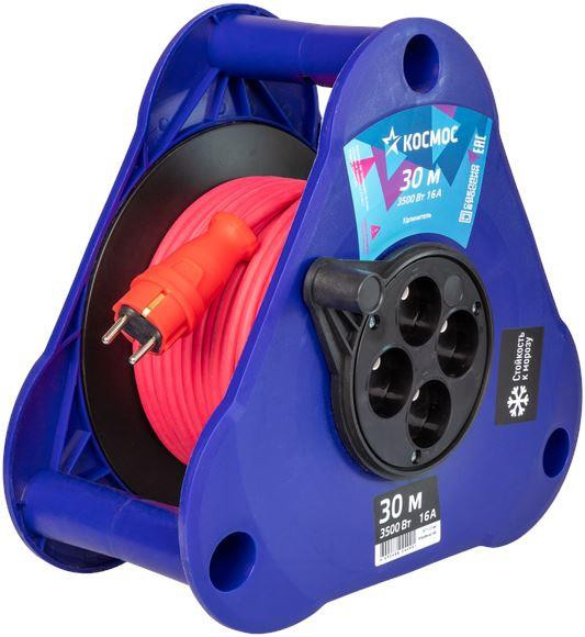 Удлинитель КОСМОС YKTKsm30m-4g(2.5)KG (катушка-треуг) 16А 3500Вт 4 гн - 30 м , Красный