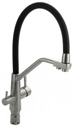 Смеситель кухонный MAGNUS 91119 Смеситель кухонный С-образный гибкий излив - ЧЁРНЫЙ с фиксацией на жёстком изливе, шаровый, с двойным выпуском воды для фильтра, из нержа