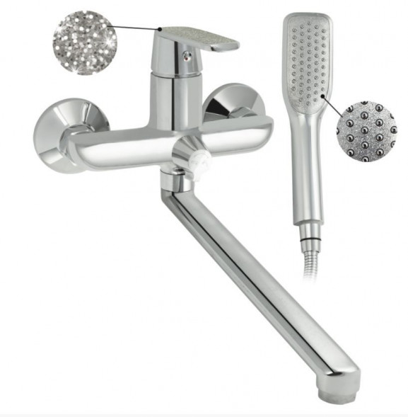 Смеситель для ванны GFMARK 4870 Смеситель в ванную, длинный излив с диверт на корпусе шаровый с АЛМАЗНОЙ КРОШКОЙ на ручке