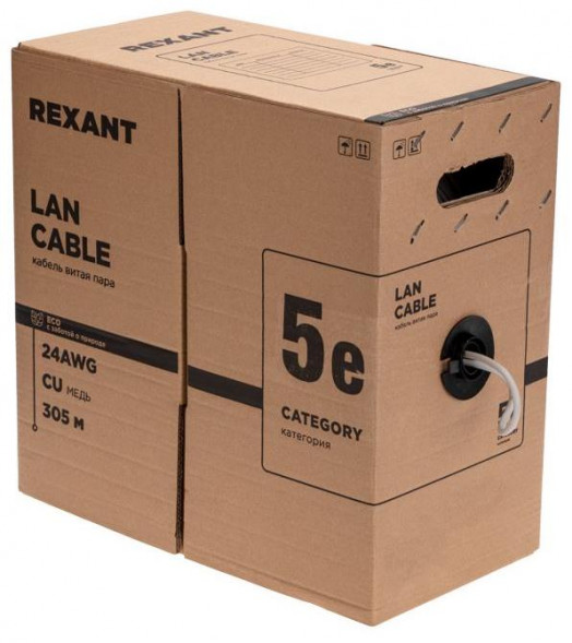 REXANT Кабель витая пара U/UTP, CAT 5e, PVC, 4PR, 24AWG, INDOOR, SOLID, серый, 305м, РФ