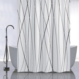 Штора для ванной САНАКС 01-96 Штора с рисунком, ЧЕРНЫЕ ЛИНИИ на БЕЛОМ ФОНЕ, в ванную комнату, без колец, полиэстер180 х180 см